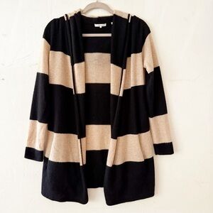 360 Cashmere Black and Tan Striped Hooded Open Front Cashmere Cardigan Size XS